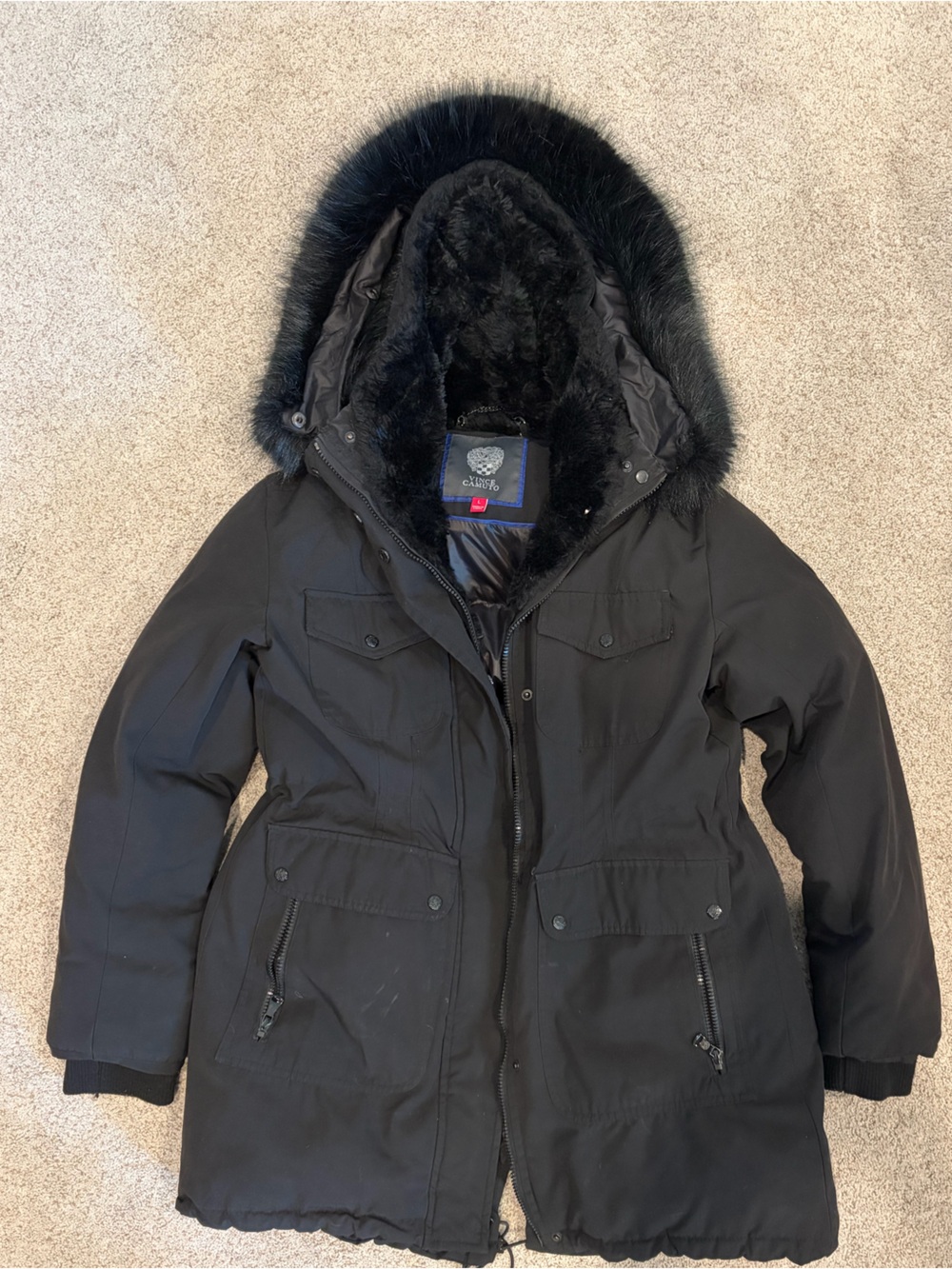 Vince Camuto Black Faux Fur Hood Parka Women Winter Utility Coat